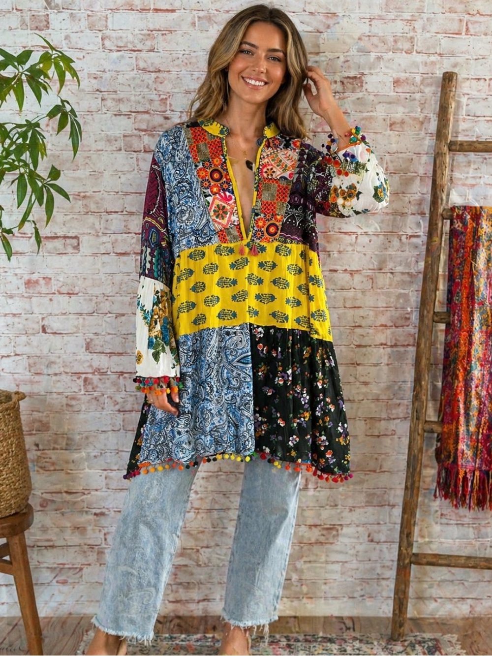 Boho Chic Patchwork Tunic Top or Mini Dress - Multicolor Floral & Paisley Large